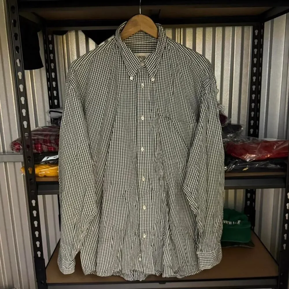 Hugo Boss Men’s Gingham Check Button Down Dress Shirt Black White